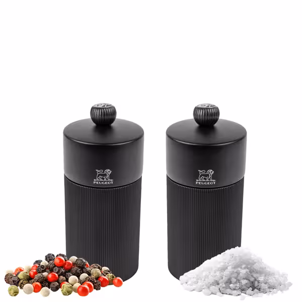 (6 pieces) PEUGEOT | NIGHT CHIC LINE - Salt & Pepper Mill - Height: 120mm - Matte Black - incl. stainless steel funnel