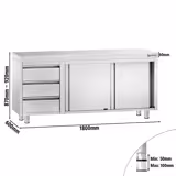 Inox (AISI 304) Radni stol zatvoreni PREMIUM - 1800 x 600 x 870 mm - s kliznim vratima, 3 ladice lijevo