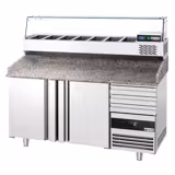 Commercial Pizza Prep Counter - Granite Top PREMIUM - 1600x800mm - with 2 doors & 3 drawers - incl. refrigerated topping unit with glass sneeze guard - 6x GN 1/3
