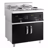 Dubbel elektrisk fritös - 10+10 liter - 28,5 kW - elektronisk styrning - svart - med avtappningskran - inkl. underskåp med 2 dörrar