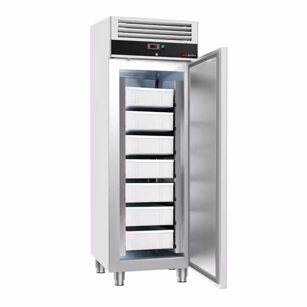 Armadio congelatore per pesce in acciaio inox ECO - EN 600x400 - 680mm - 600L - fino a -20°C - con 1 porta - statico; compressore ad alte prestazioni; termostato digitale Dixell; contenitori per pesce 7mm inclusi - Nero