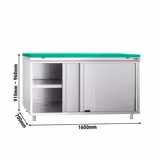 Table armoire en acier inoxydable PREMIUM - 1600x700mm - avec portes coulissantes et étagère basse - pour fruits et légumes - incl. plateau de découpe Vert PEHD (HACCP)