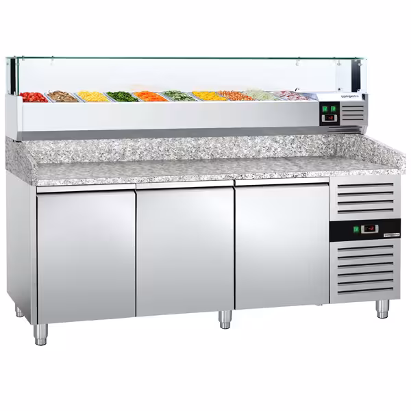 Commercial Pizza Prep Counter - Granite Top PREMIUM - 2000x800mm - with 3 doors - incl. refrigerated topping unit with glass sneeze guard LED - 10x GN 1/4