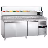 Commercial Pizza Prep Counter - Granite Top PREMIUM - 2000x800mm - with 3 doors - incl. refrigerated topping unit with glass sneeze guard LED - 10x GN 1/4