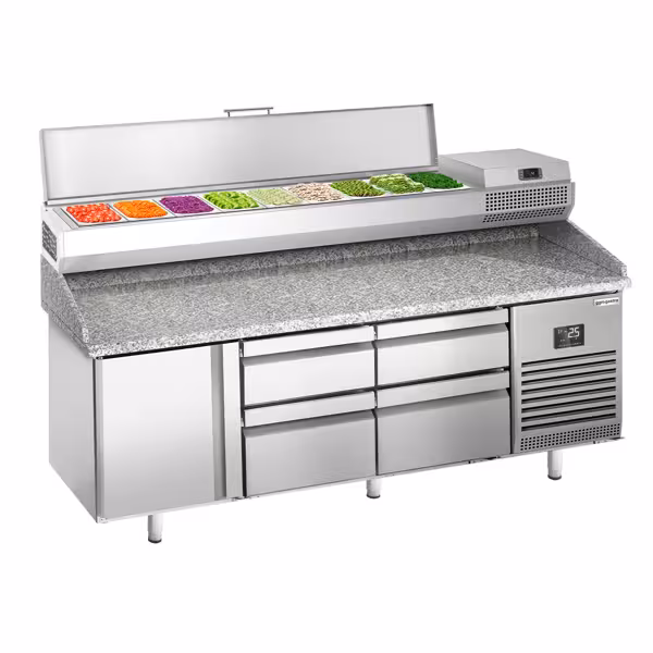 Pizzakühltisch Premium PLUS - 1980x700mm - mit 1 Tür & 4 Schubladen - inkl. Kühlaufsatzvitrine - 9x GN 1/4