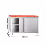 Tavolo armadiato in acciaio inox PREMIUM - 1200x600 mm - con porta scorrevole senza alzatina incl. tagliere rosso