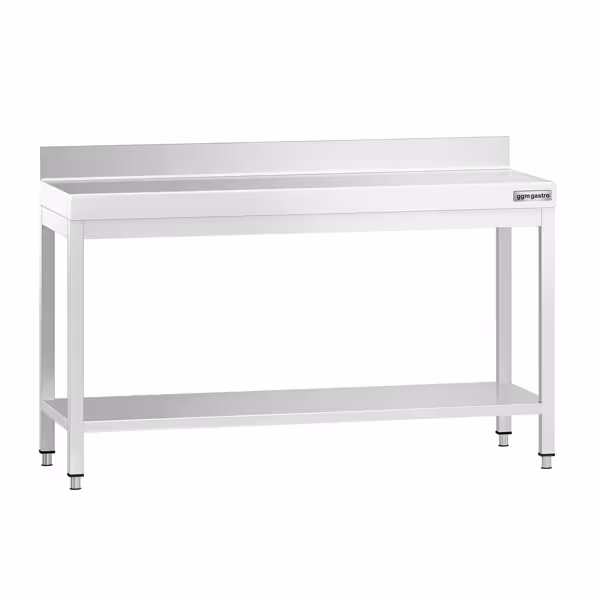 Nerezový pracovní stůl PREMIUM - 1500x800 mm - se spodní policí & zadním obkladovým panelem