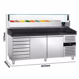 Commercial Pizza Prep Counter - Granite Top PREMIUM - 2025x800mm - with 2 doors & 7 drawers - incl. refrigerated topping unit with glass sneeze guard LED - 10x GN 1/4
