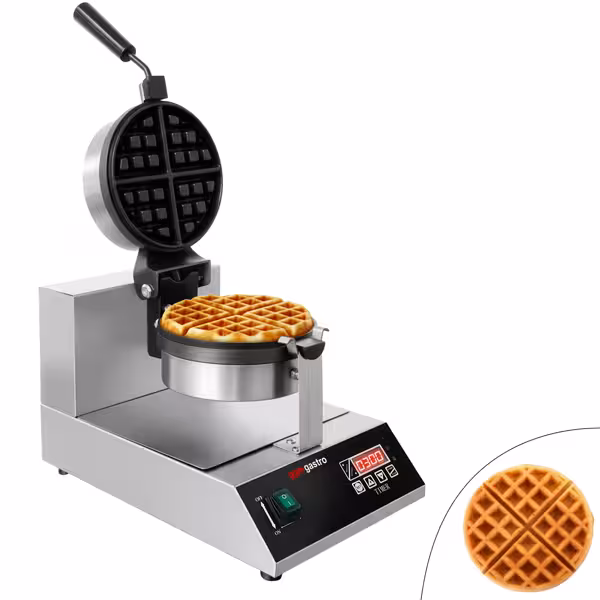 Aparat Gofre / Vafe Profesional - Simplu - Digital - 1,3 kW - Formă: rotund - Ø 185 mm - cu placă rotativă la 180° - Tavă aparat vafe teflonată