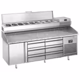 Table réfrigérée à pizza Premium PLUS - 1980x700 mm - avec 1 porte & 6 tiroirs - incl. vitrine réfrigérée - 9x GN 1/4