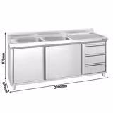 Spoelunit - 2000x600mm - met 3 lades & 2 wastafels links