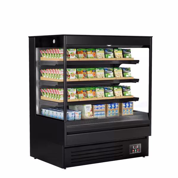 Commercial wall-mounted refrigerated display shelving - 1200 mm - 390 litres - with 3 shelves