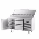 Table réfrigérée de préparation - 1468 x 700 mm - avec 1 porte et 2 tiroirs - avec superstructure en inox 1 x GN 1/2 et 6 x GN 1/3