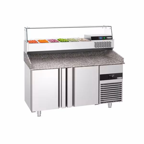 Pizzakylbänk PREMIUM - 1550x800 mm - granitskiva - med 2 dörrar - inkl. kylränna med glasöverbyggnad - 6x GN 1/3