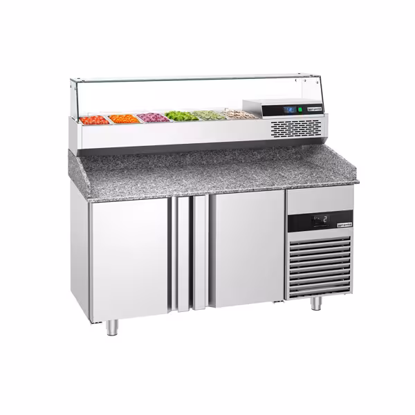 Pizzawerkbank PREMIUM - 1550x800mm - met granieten werkblad - met 2 deuren - incl. opzetkoelvitrine - 6x GN 1/3