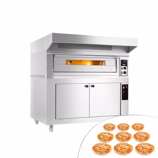 Elektromos pizzakemence - 1420x1670x1610 mm - 9x Ø 33 cm - max. 400 °C - mechanikus - tart.: Motorházfedél - 0,85 m - motorral és kondenzátorral; Kelesztőszekrény, 12x EN 60 x 40 cm