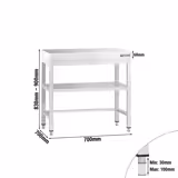 Mesa de trabalho em aço inoxidável PREMIUM - 700x700mm - com prateleira inferior & com travessas de reforço