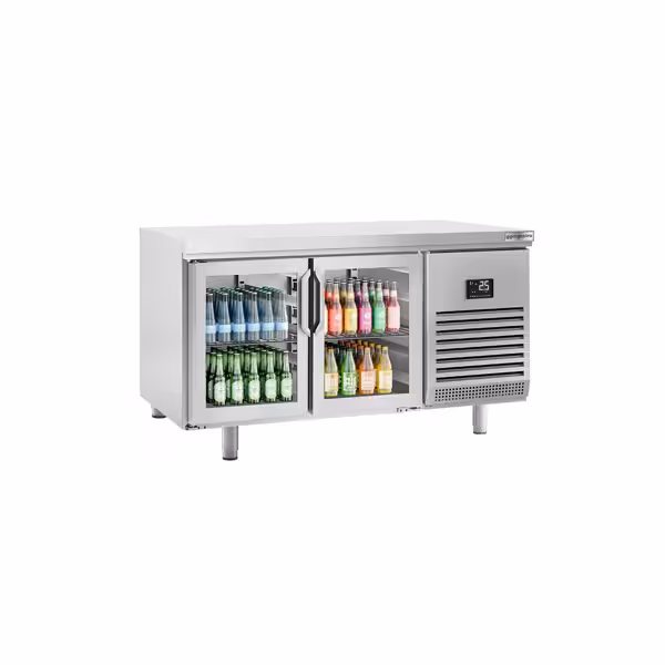 Hűtött munkaasztal PREMIUM PLUS - 1618x800 mm - 420 liter - statikus - 2 üvegajtóval - dupla üvegezés