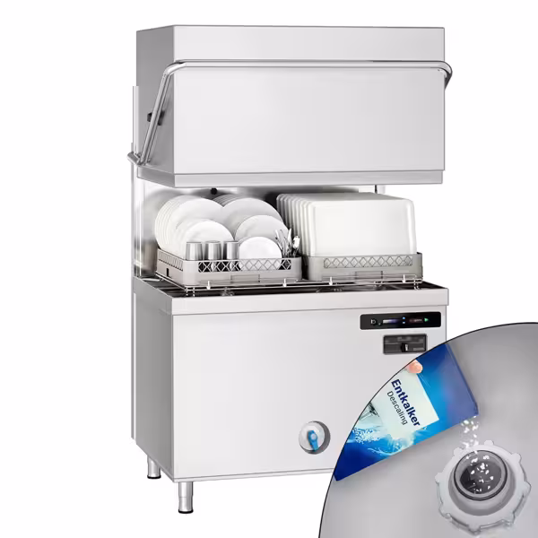 Doppia parete coibentata Lavastoviglie a cappotta professionale - Elettronica - 22,2kW - con pompe dosatrici detergente & brillantante & pompa di lavaggio - con addolcitore d'acqua integrato - cesto 50x50cm