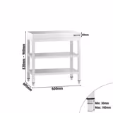 Mesa de trabalho em aço inoxidável PREMIUM - 600x600mm - com prateleira inferior & com prateleira intermédia & com travessas de reforço