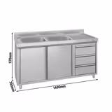 Commercial Sink Cabinet – 1400 × 700 mm – with 3 Drawers & Twin Left-Hand Bowls