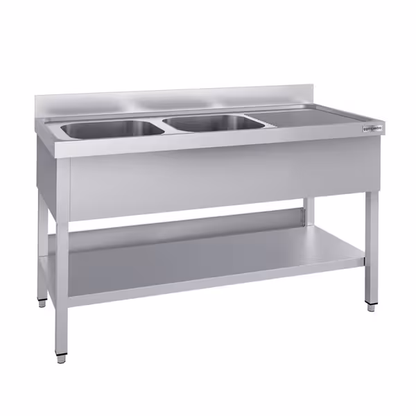 Diskbänk i rostfritt stål ECO - 1400x600 mm - med underhylla - 2 hoar vänster - med stänkskydd - med avrinningsyta