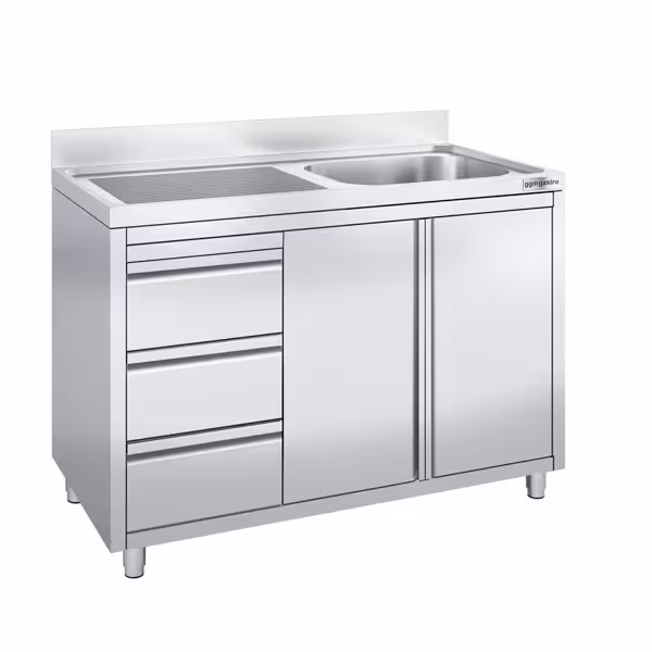 Stainless steel sink unit with 3 drawers - 1200x700mm - 1 basin right 