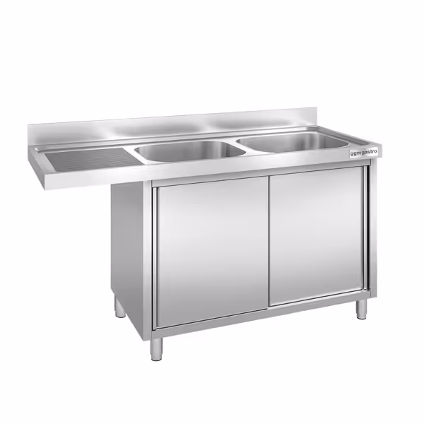 Rozsdamentes acél előöblítő asztal PREMIUM ipari mosogatógéphez - 1600x700 mm - 2 medence, jobb oldalt