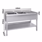 Plonge en inox ECO - 1400x600mm - avec étagère basse - 2 bacs à gauche