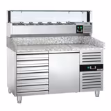 Banco pizza refrigerato PREMIUM - 1500x800mm - con 1 porta & 7 cassetti - piano in granito - con vetrina ingredienti refrigerata superiore LED - 5x GN 1/3 + 1x GN 1/2