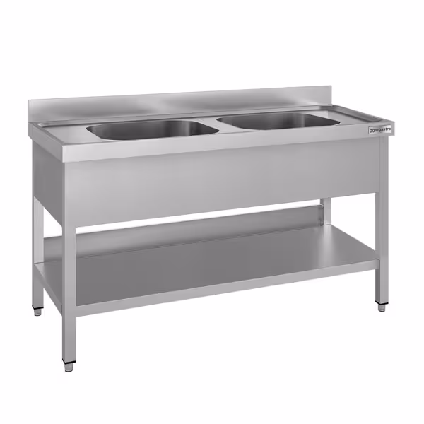 Stainless Steel Commercial Sink Unit ECO - 1600x600mm - with Double Bowl Centre - with Undershelf - with Upstand