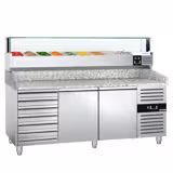 Mesa pizzera refrigerada PREMIUM - 2025x800mm - encimera de granito - con 2 puertas ciegas y 7 cajones 600x400 - incl. vitrina refrigerada superior LED - 9x GN 1/3