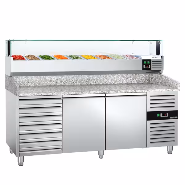 Commercial Pizza Prep Counter - Granite Top PREMIUM - 2000x800mm - with 2 doors & 7 drawers - incl. refrigerated topping unit with glass sneeze guard LED - 9x GN 1/3