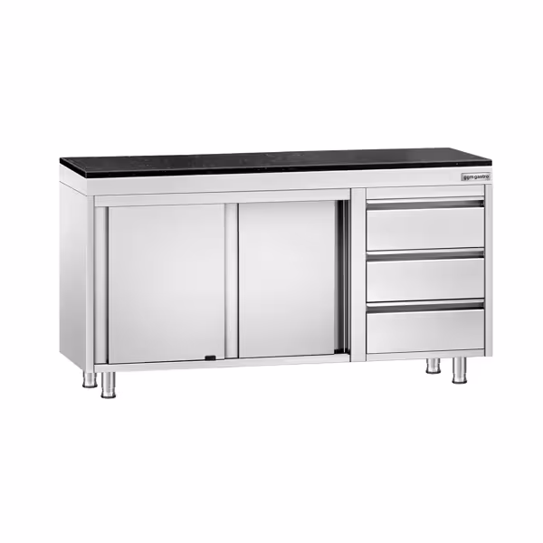 Armário de trabalho em aço inoxidável PREMIUM - 1400 x 700 mm - com 3 gavetas à direita - inclui bancada em granito
