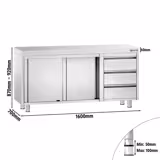 Szafka robocza ze stali nierdzewnej PREMIUM - 1600x700 mm - z 3 szufladami po prawej stronie bez panelu tylnego