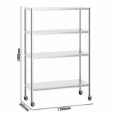 Scaffale in acciaio inox PREMIUM - 1200x1800mm - Profondità: 500mm - con 4 ripiani (REGOLABILI) - incl. 4 ruote - Portata: 80kg per ripiano