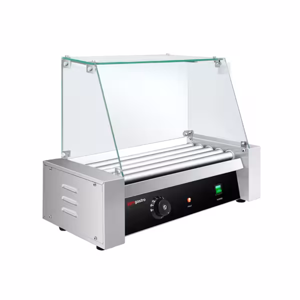 Commercial Hot Dog Roller – 5-Roller Tabletop – 50–200°C Thermostat – Stainless Steel – Single-zone – With glass cover