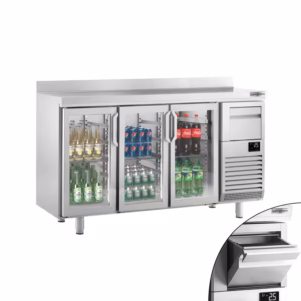 Barkoelkast PREMIUM PLUS - 1960x600mm - 520l - met 3 glazen deuren, spatrand & uitklopbak voor koffie