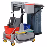 Carrello per pulizie PROFESSIONALE - aperto - con strizzatore, 6 contenitori, sacco portabiancheria 65L, ripiani & ganci portascope - Grigio