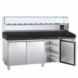 Commercial Pizza Prep Counter - Granite Top PREMIUM - 2025x800mm - with 3 doors - incl. refrigerated topping unit with glass sneeze guard - 9x GN 1/3