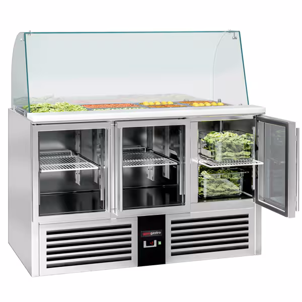 Saladete / Saladette PREMIUM - 1368mm - 288L - 3 portas de vidro - vitrine alta em vidro para 4x GN 1/1