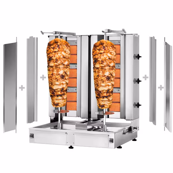 Gas Doner Kebab Grill (Shawarma/Gyros) - Twin x 3 Burner - up to 80kg - 19.5kW - Countertop - incl. 2 splash guards & 2 double doors