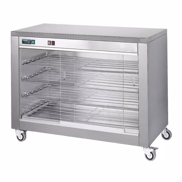 Szafka grzewcza z przesuwanymi szklanymi drzwiami i 4 półkami – 940 x 690 x 880 mm