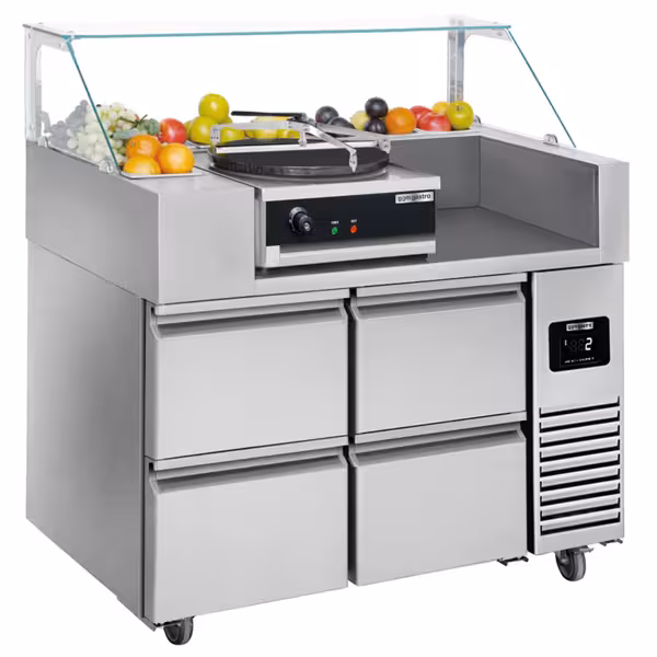Commercial Refrigerated Prep Table – Glass Top – 2 Doors – 1210 mm – for 9× GN 1/6 – Includes crêpes device & batter spreader (wooden spatulas)