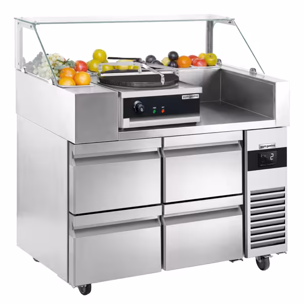 Tillberedningsbord - 1,21 x 0,7 m - med 4 lådor 1/2 - inkl. Crepe maker med 1 platta och smet dispenser