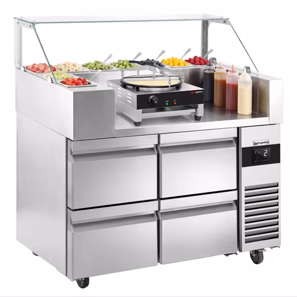 Saladetă - 1210x700 mm - 4 sertare - pentru 9x GN 1/6 recipiente - incl. Crêpes & Teigverteiler