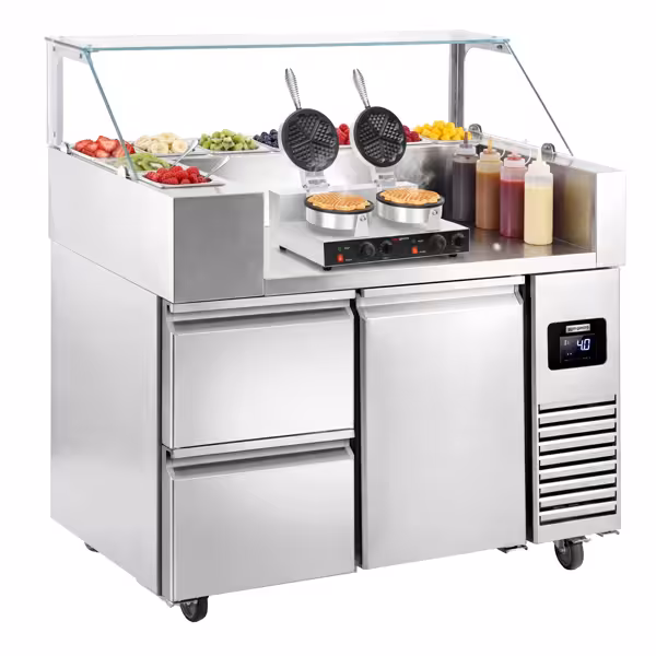 Banco preparazione refrigerato - 1210mm - 1 porta e 2 cassetti - per 9x GN 1/6 - incl. piastra per waffel - a forma di cuore