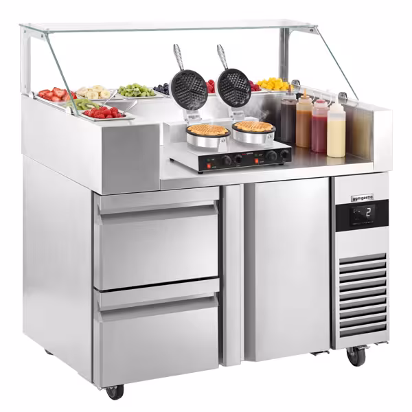 Saladette refrigerada - 1210x700mm - com 1 porta & 2 gavetas - para 9x GN 1/6 - incl. Máquina de waffles
