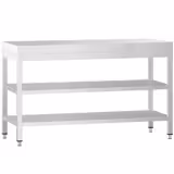 Mesa de trabalho em aço inoxidável PREMIUM - 1400x600mm - com prateleira inferior & com prateleira intermédia & com travessas de reforço