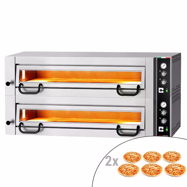 Elektrische pizzaoven (chamotte bakvloer) - 1462x1010x720mm - 2 kamers - 2x6 pizza’s Ø34cm - tot 450°C - Manueel